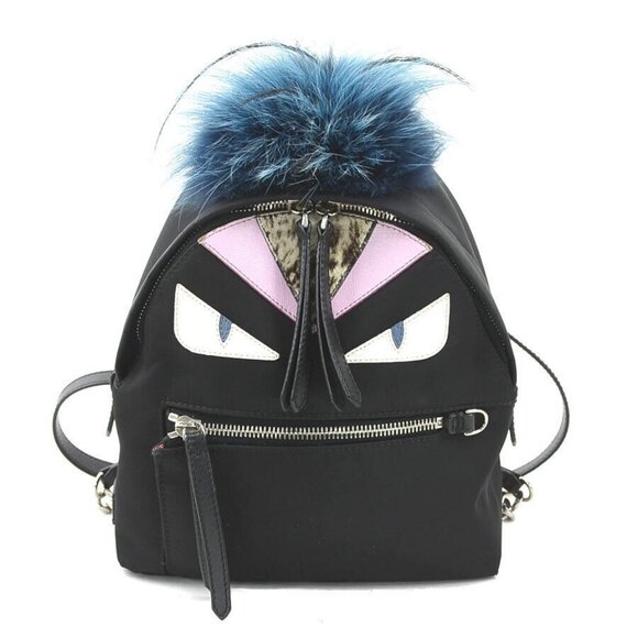Auth FENDI Monster Bugs Backpack Black/Blue Nylon/Fur/Silvertone - Picture 1 of 16